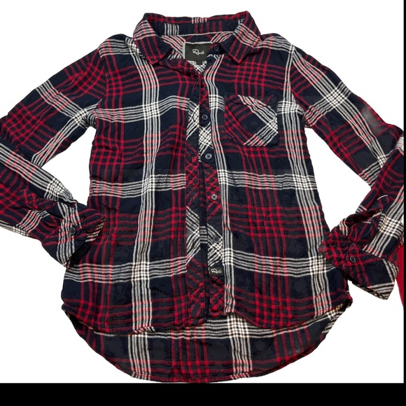 Rails RED BLUE White PLAID button up SHIRT Womens Long Sleeved collared RAYON S - Picture 3 of 15